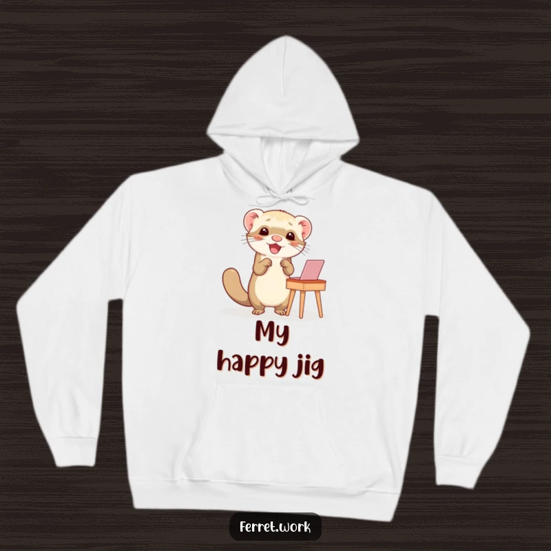 Funny hoodie showing a ferret doing a lively happy dance at a small desk, radiating infectious joy and energy.