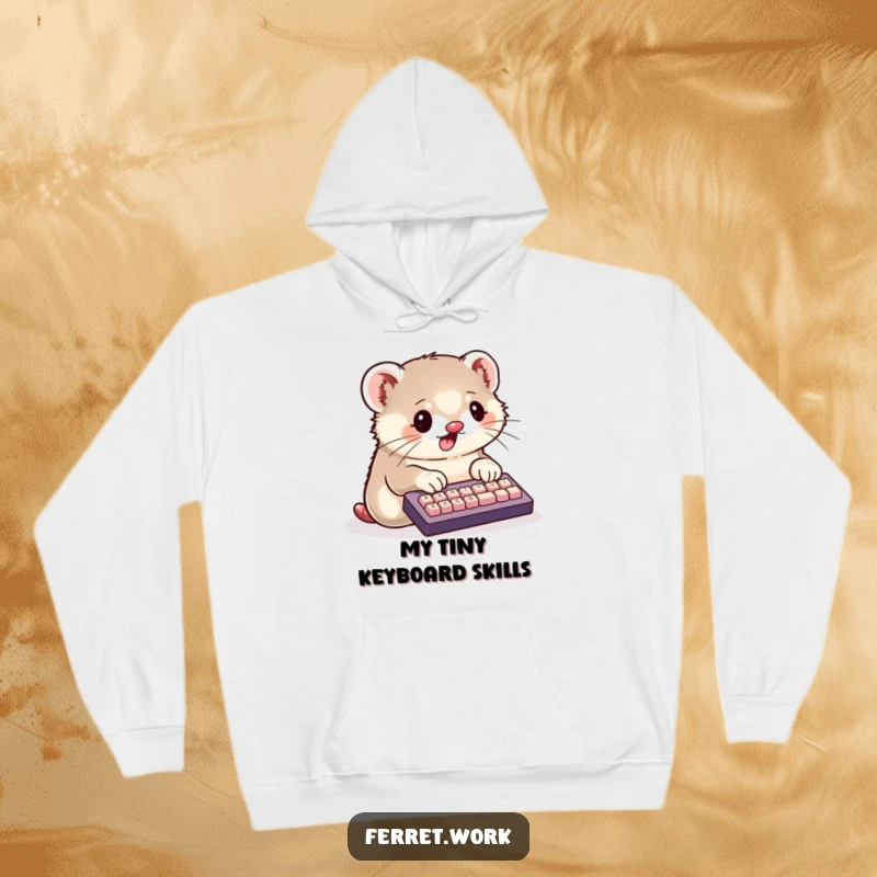 Funny Hoodie featuring a kawaii ferret diligently typing on a tiny keyboard with its paws, cozy and cute.