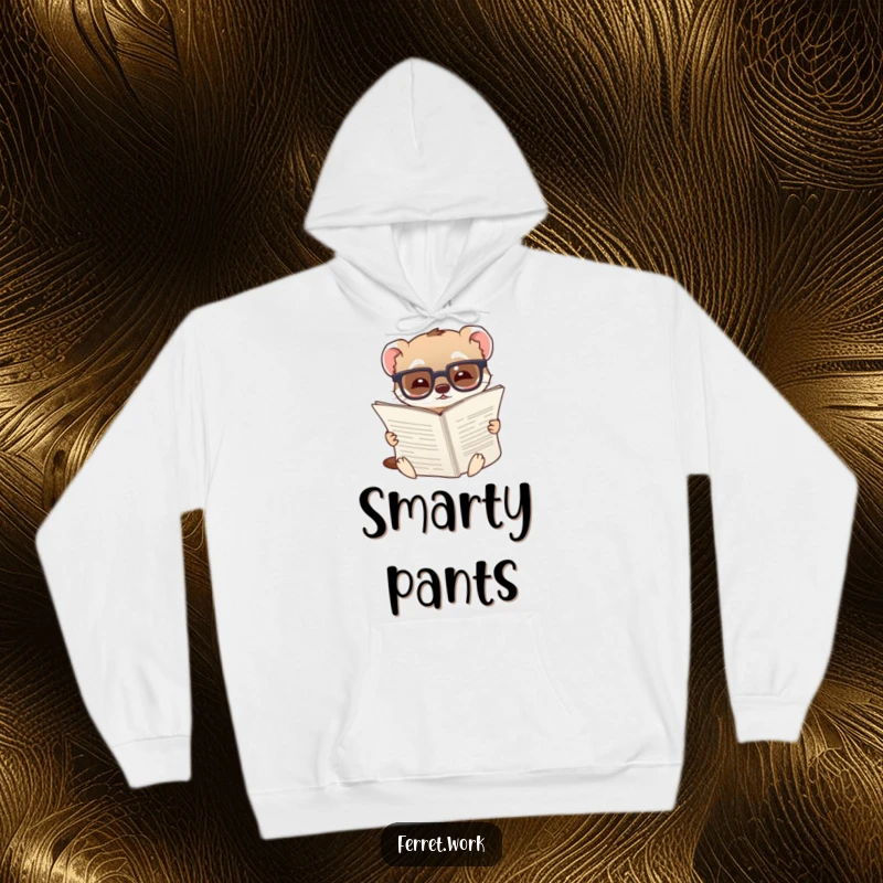 Funny hoodie depicting a ferret wearing glasses, appearing amused while reading a very large document, a humorous intellectual.