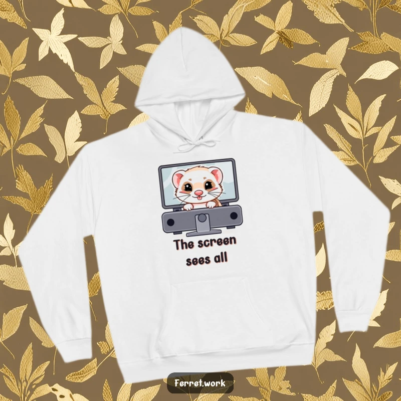 Funny ferret hoodie featuring a mischievous ferret with a grin hiding behind a computer monitor. Cozy prankster apparel.
