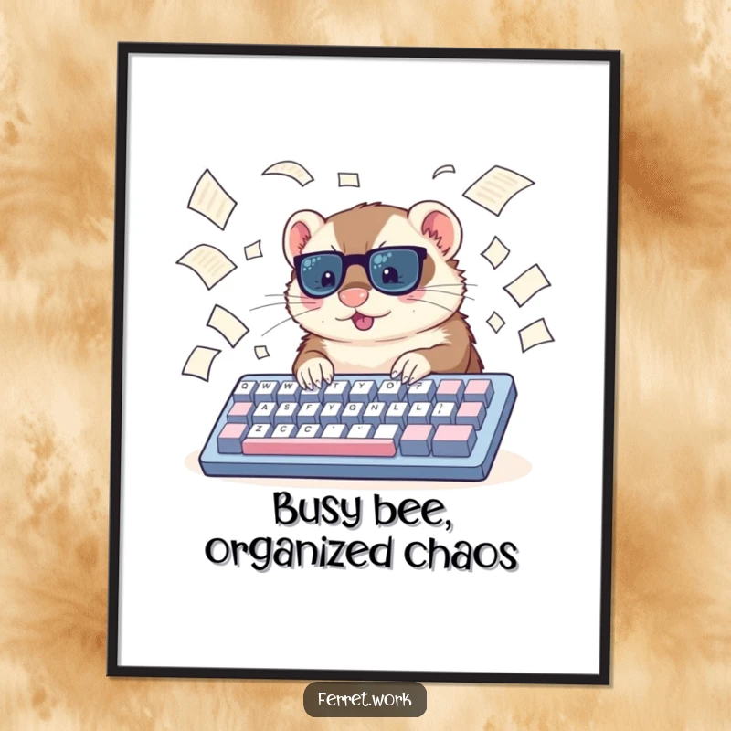 Funny Free Printable Wall Art: A ferret types furiously on a huge keyboard, papers flying, capturing the essence of a busy workday.
