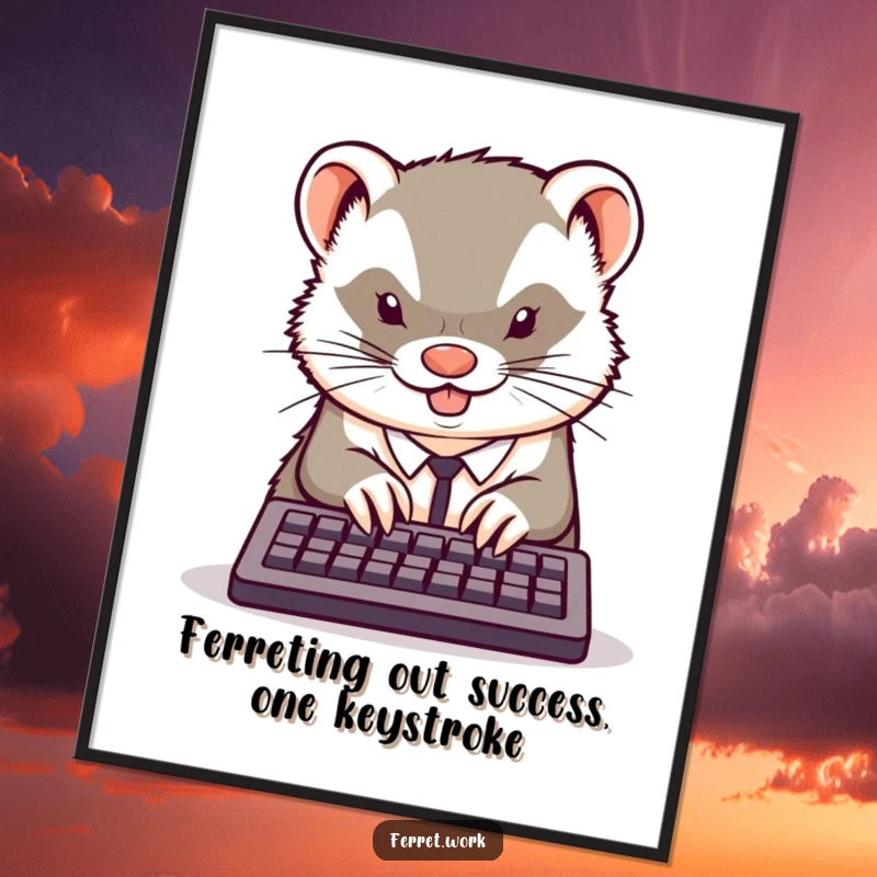 Funny Free Printable Wall Art: A cute kawaii office ferret typing furiously on a tiny keyboard with intense concentration.