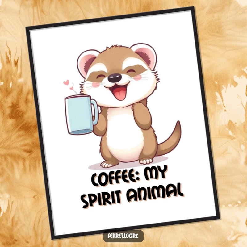 Funny Free Printable Wall Art: A small, joyful ferret holding up a coffee mug with delight, digital illustration.