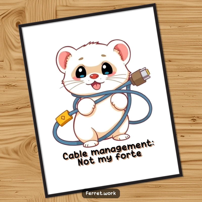 Funny Free Printable Wall Art: A smiling ferret humorously tangled in a mess of network cables, digital art.