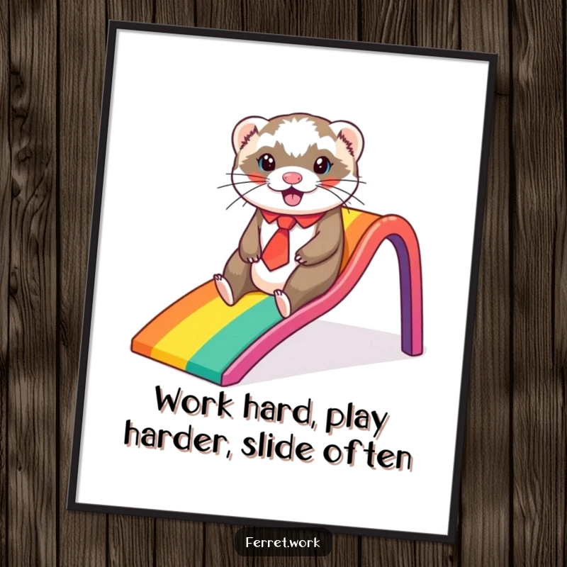 Funny Free Printable Wall Art: A ferret wearing a tiny tie slides down a vibrant rainbow with pure glee, bringing joy.