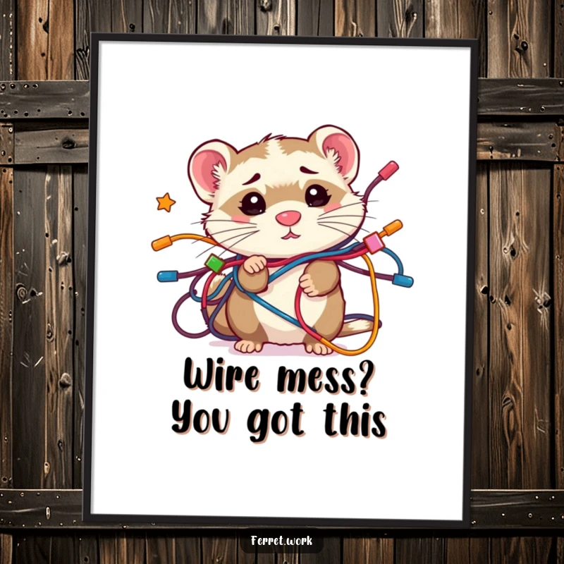 Funny Free Printable Wall Art of a kawaii office ferret completely tangled in a colorful string of wires, looking adorably perplexed.