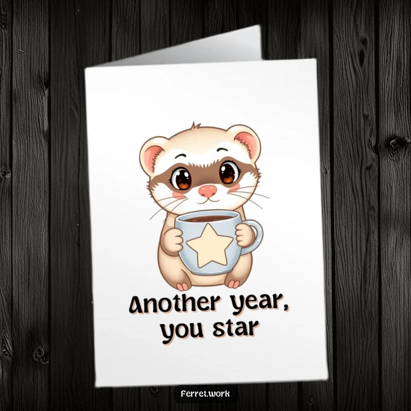 Funny Free Printable Birthday Card: Curious ferret with big eyes sips star-shaped coffee, ready for a magical celebration.