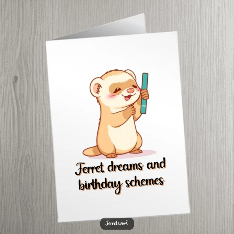 Funny Free Printable Birthday Card featuring a mischievous ferret gleefully batting at a dangling pen, ready to send birthday wishes.