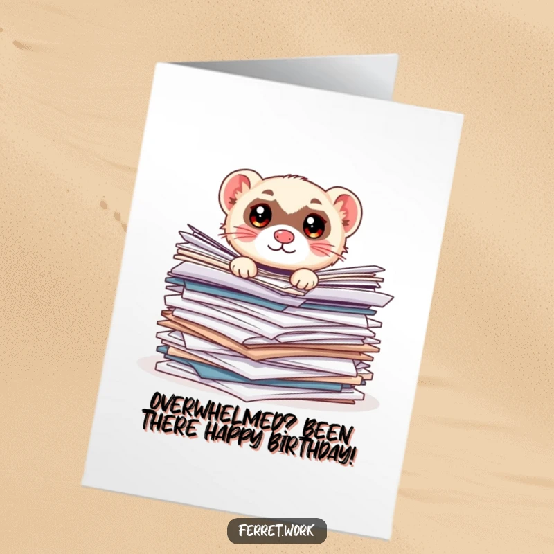 Funny Free Printable Birthday Card: Kawaii office ferret with wide eyes peeking from a massive stack of papers.