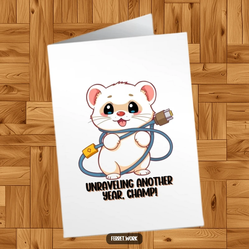 Funny Free Printable Birthday Card: Smiling ferret comically tangled in network cables, ready for a tech-themed celebration.