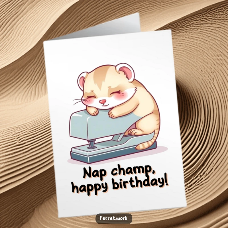 Funny Free Printable Birthday Card featuring a kawaii office ferret napping peacefully on an oversized stapler, ready for a birthday surprise.