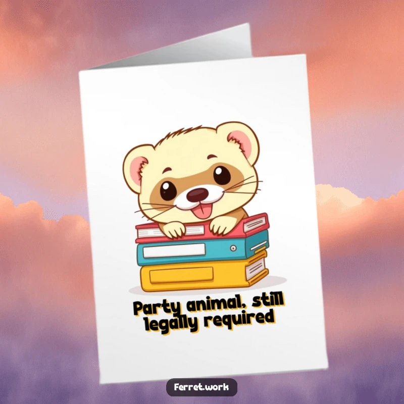 Funny Free Printable Birthday Card: A sly ferret peeks from a stack of files with a mischievous grin.