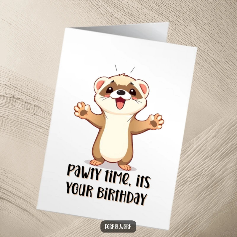 Funny Free Printable Birthday Card: Cute ferret with all paws up, squeaking joyfully to celebrate a fantastic birthday.