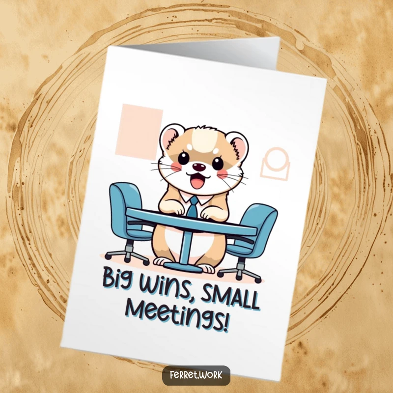 Funny Free Printable Congrats Card: Kawaii office ferret actively participating in a very small, important-looking meeting.