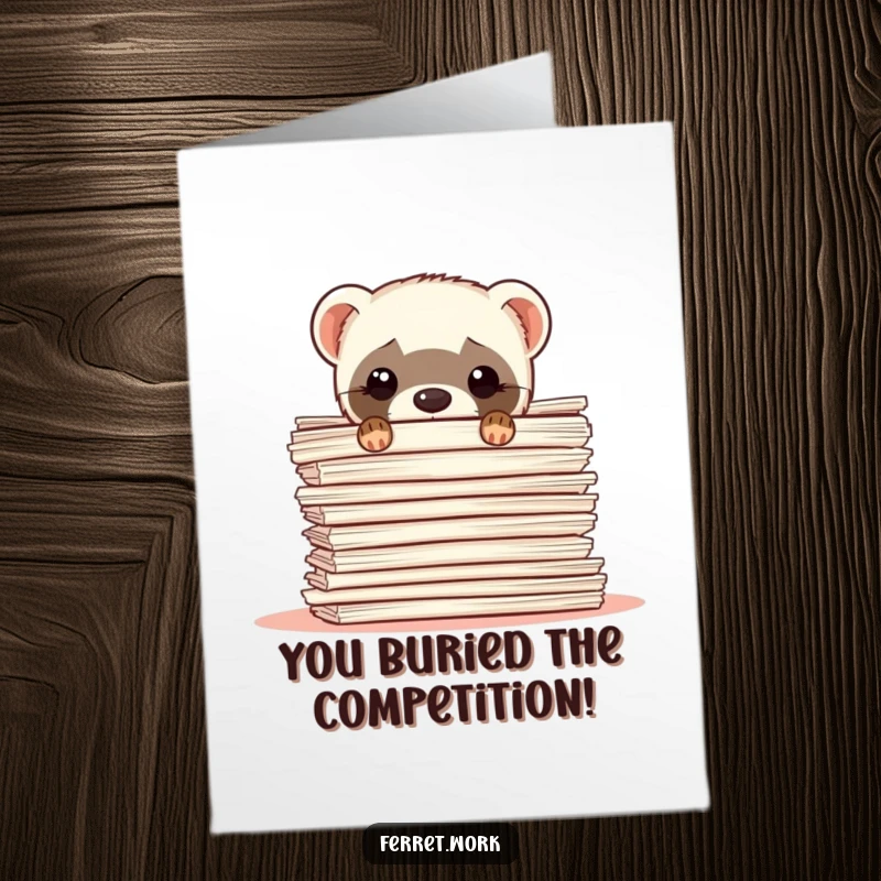Free Printable Congratulations Card: A ferret peeking over a tall stack of papers, celebrating a win.