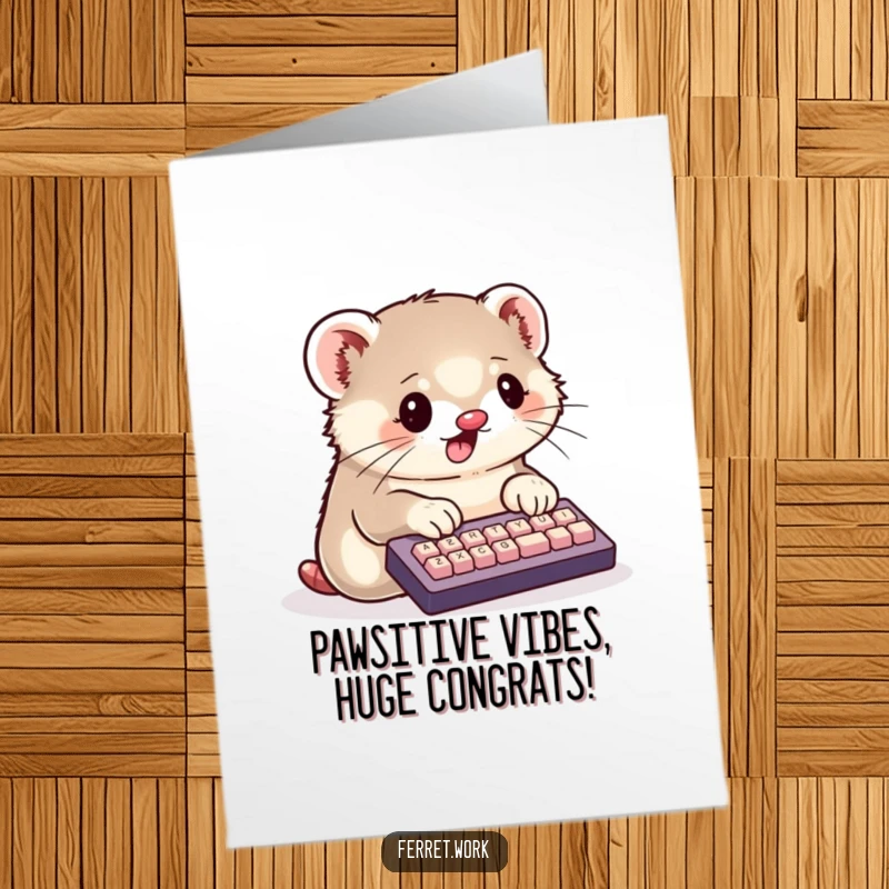 Free Printable Congratulations Card featuring a kawaii ferret typing diligently on a small keyboard with its tiny paws.