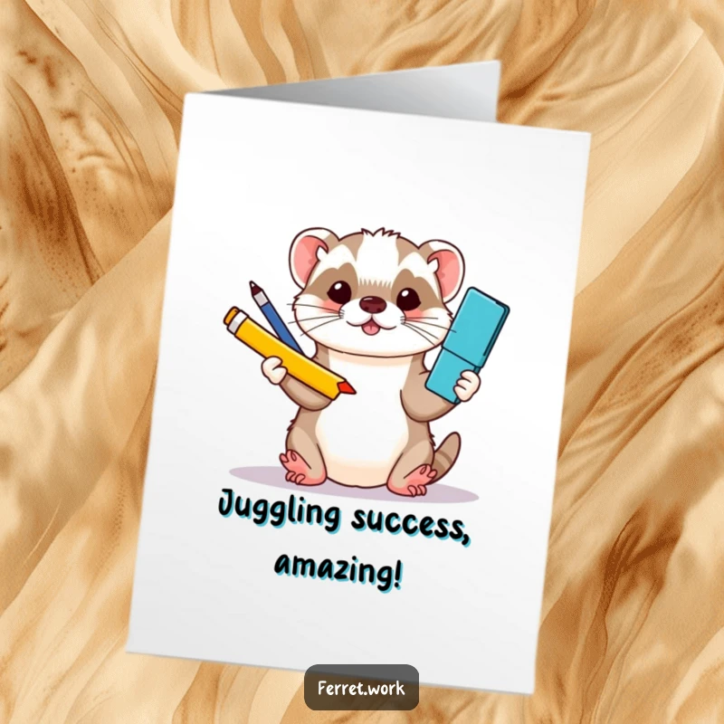 Funny Free Printable Congrats Card: A kawaii office ferret skillfully juggles office supplies, celebrating a successful achievement.