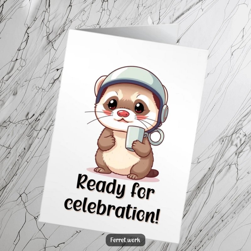 Funny Free Printable Congrats Card: A kawaii office ferret wearing a coffee mug helmet is ready to tackle anything.