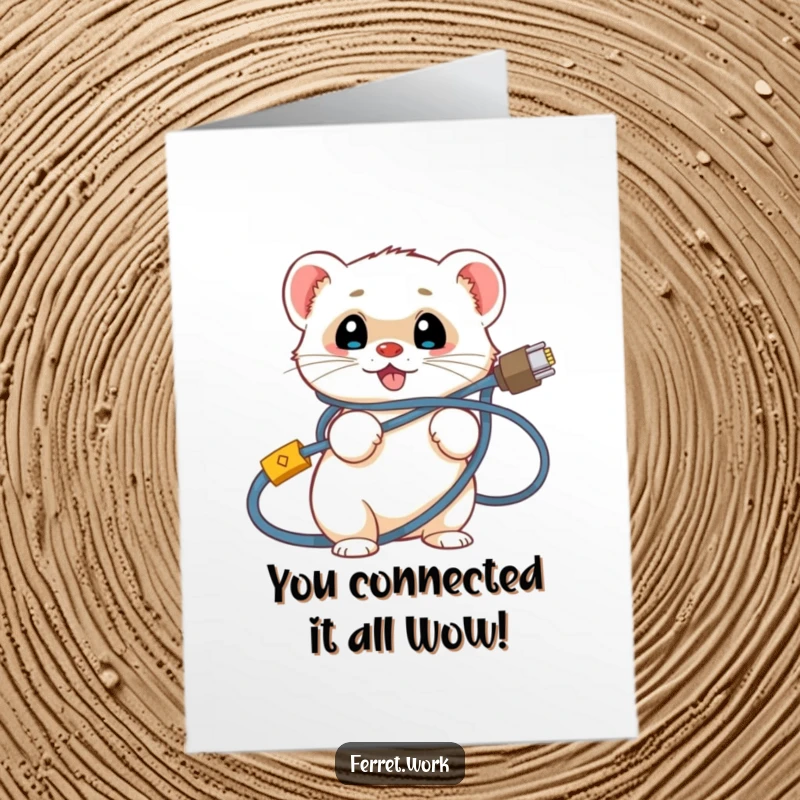 Funny Free Printable Congrats Card: Ferret tangled in network cable, smiling, symbolizing chaotic but successful endeavors.