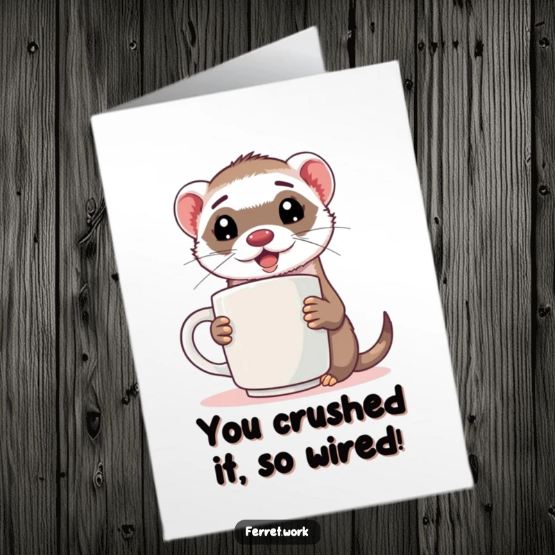 Free Printable Congratulations Card: A very energized ferret holding a giant coffee mug, celebrating a big accomplishment.