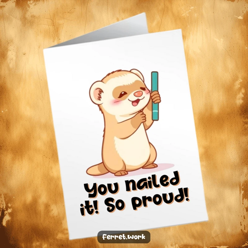 Funny Free Printable Congratulations Card showing a playful ferret captivated by a swinging pen, celebrating achievements with humor.