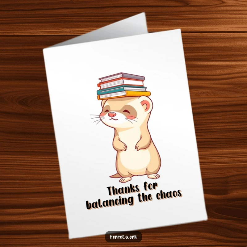 Funny Free Printable Thank You Card of a ferret balancing a mountain of files, thanking someone for their support.
