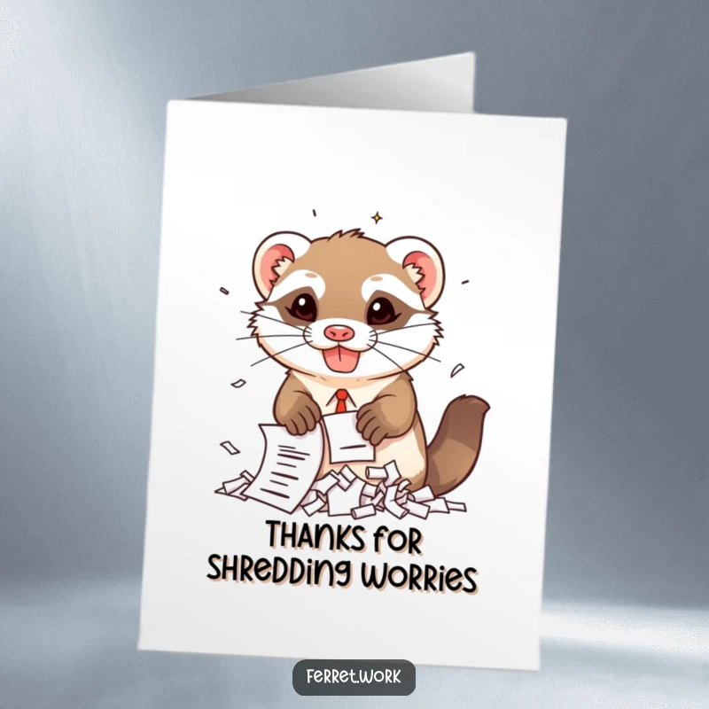 Funny Free Printable Thank You Card: Kawaii ferret gleefully shreds documents, a chaotic yet humorous way to say thanks.