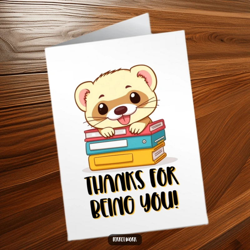 Funny Free Printable Thank You Card: A mischievous ferret peeks out from a stack of files, sporting a sly grin.