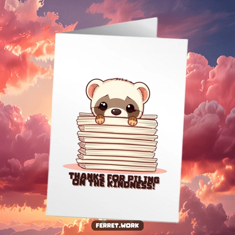 Funny Free Printable Thank You Card: A ferret peeking out from behind an overwhelming stack of papers, saying thank you.