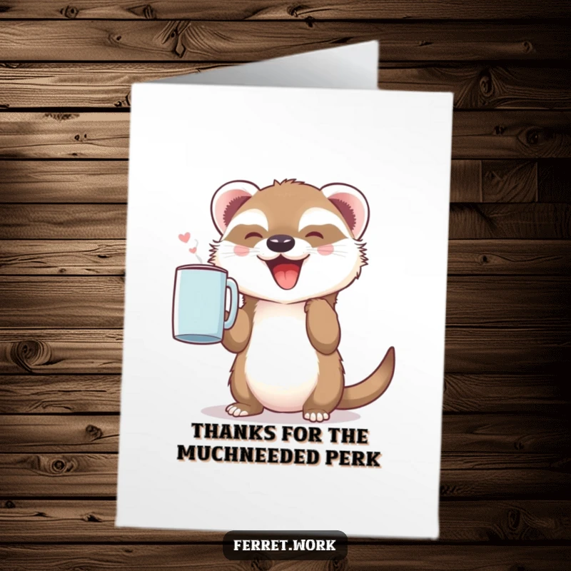 Funny Free Printable Thank You Card: A happy ferret holding a coffee mug with immense joy, expressing thanks.
