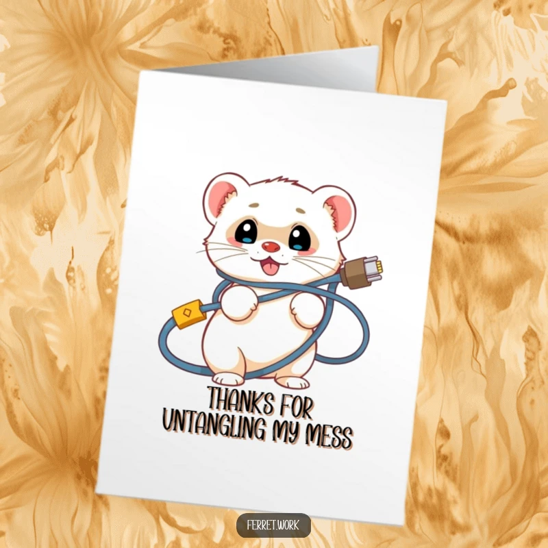 Funny Free Printable Thank You Card: Grateful ferret comically tangled in network cables, offering thanks.