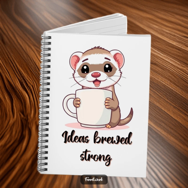 Funny ferret notebook with an energized ferret holding a comically large coffee mug, great for notes.
