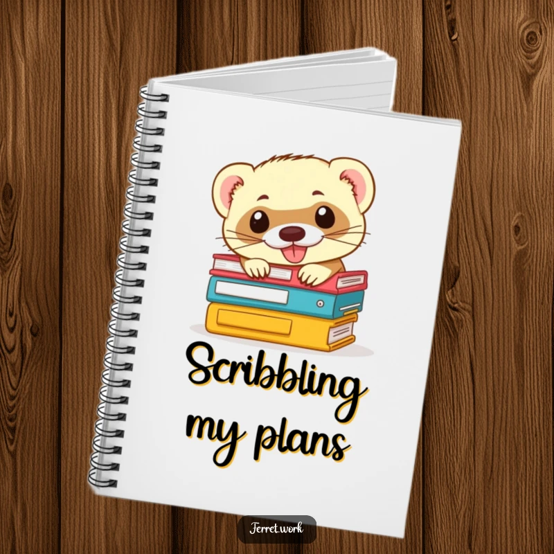 Funny ferret notebook: cover depicts a mischievous ferret grinning as it peeks out from a stack of office files.