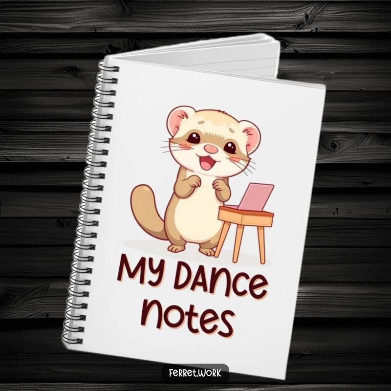 Funny notebook cover with a ferret doing a happy dance at a small desk, ideal for energetic note-taking.