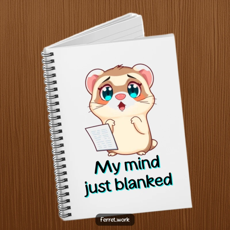 Funny notebook cover showing a ferret with extremely wide eyes, startled by a detailed spreadsheet. Work journal.