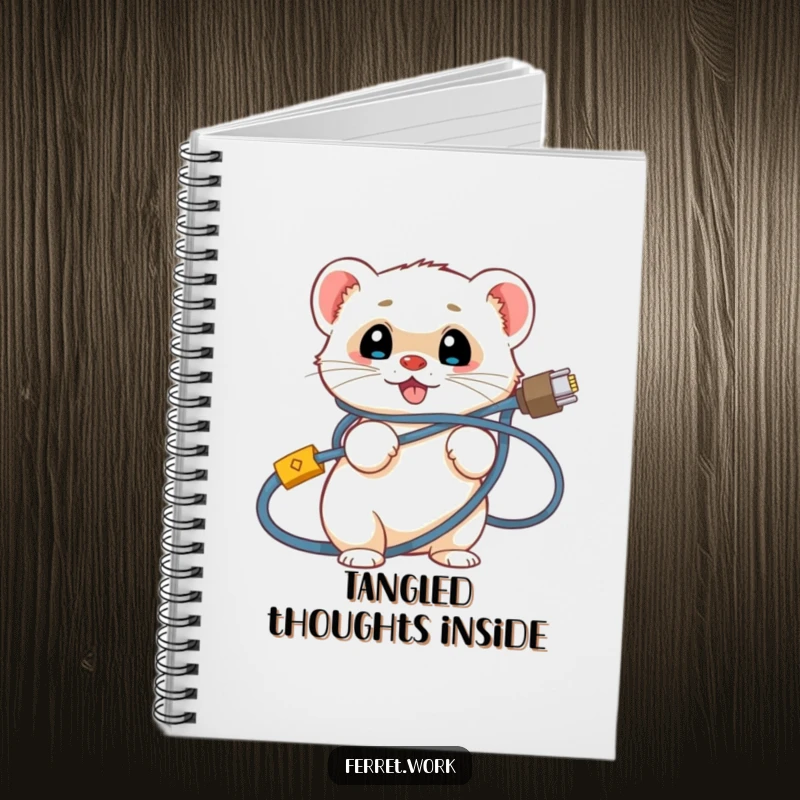 Funny ferret notebook with a smiling ferret stuck in a maze of computer network cables. Ideal for note-taking.