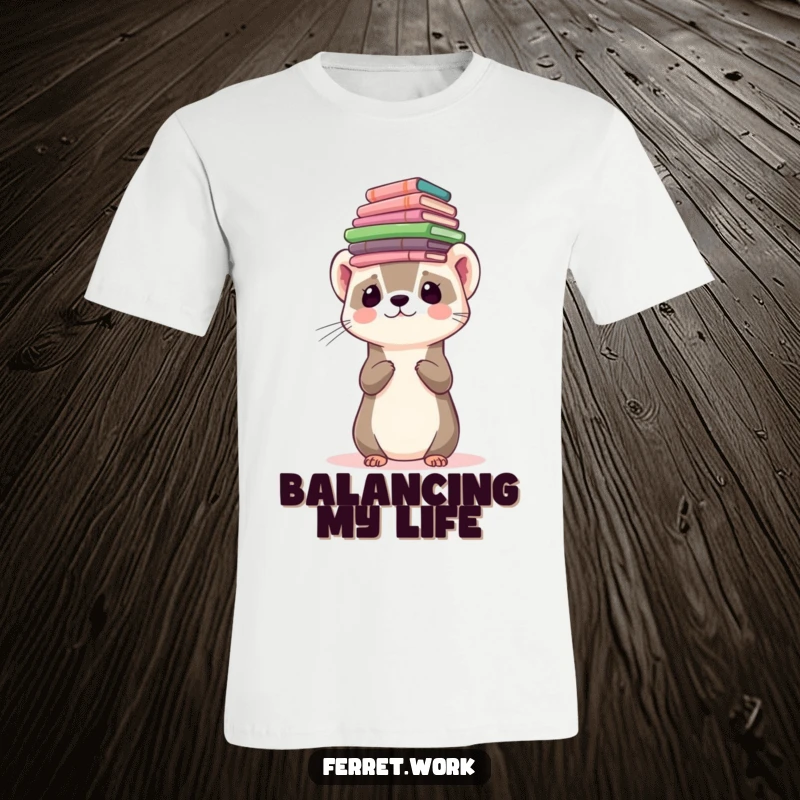 Funny ferret character balancing a stack of forms on its head on a t-shirt, representing workload.