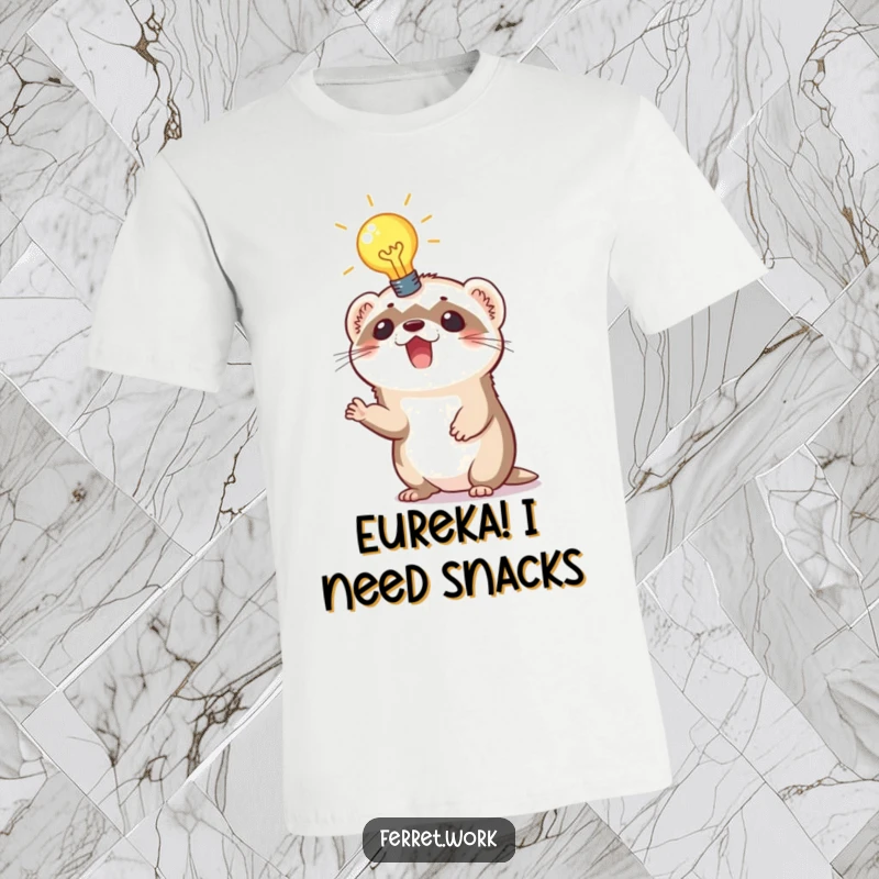 Funny t-shirt depicting an excited ferret with a glowing lightbulb above its head, representing a moment of inspiration.