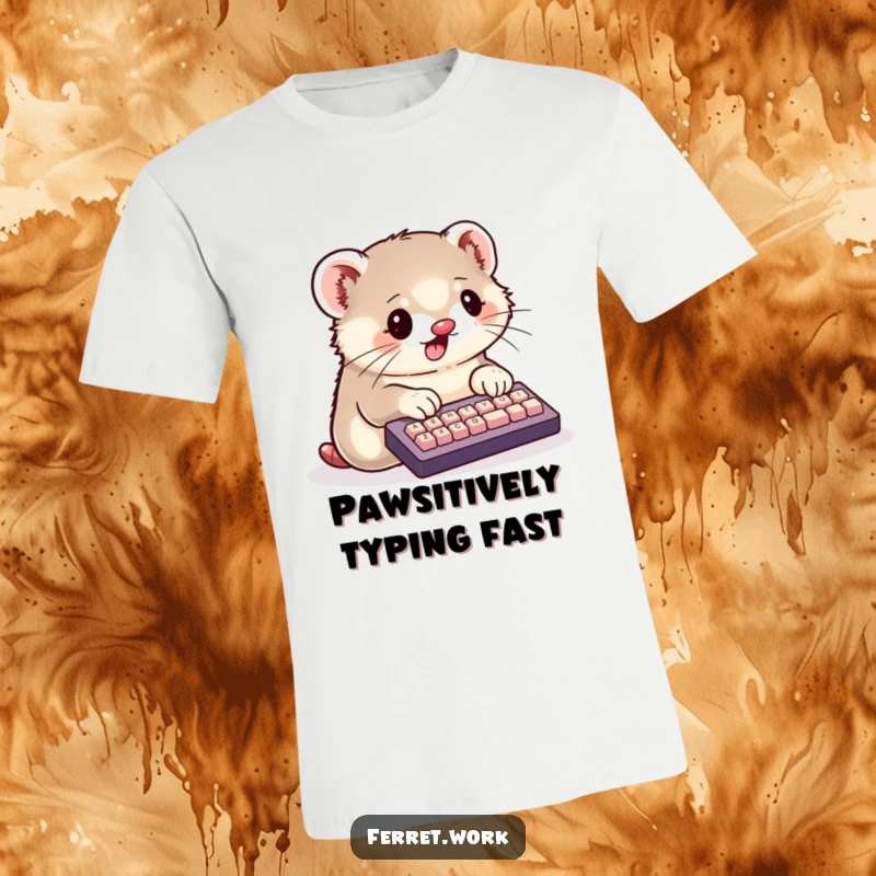 Funny T-Shirt showcasing a kawaii ferret enthusiastically typing on a miniature keyboard with its paws, adorable and productive.