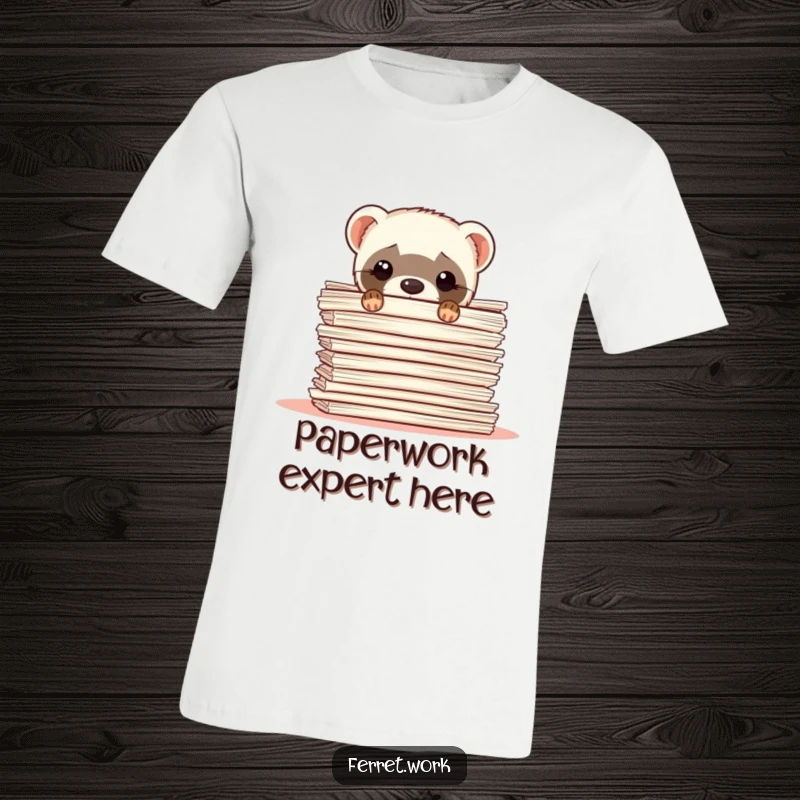 Funny ferret t-shirt of a ferret hiding behind a massive stack of documents, expressing workload dread.