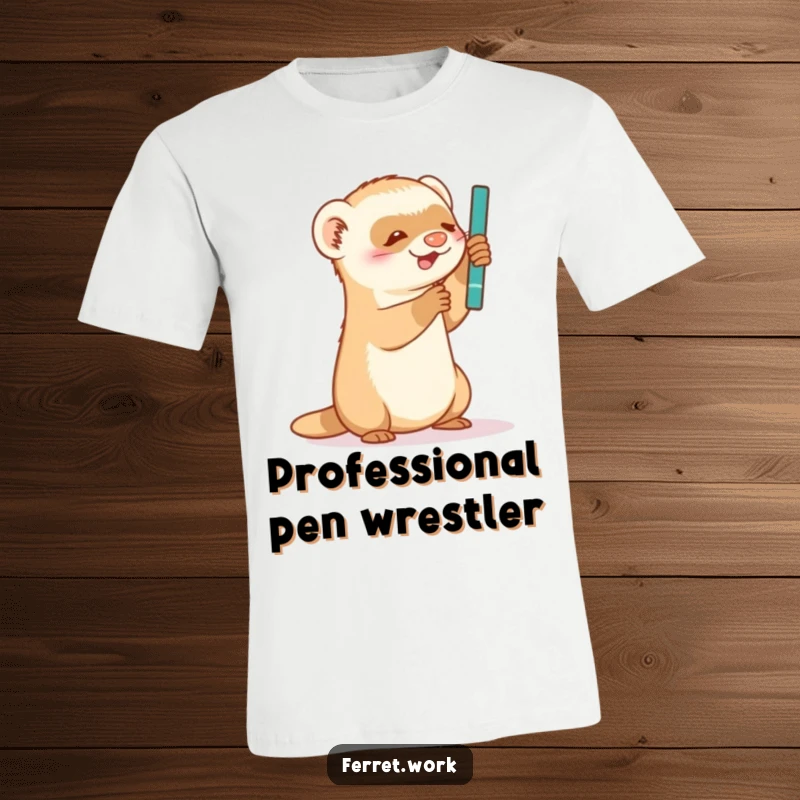 Funny T-Shirt: Depicting a lively ferret comically batting at a dangling pen, full of energetic mischief.