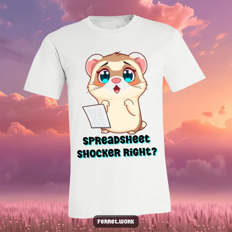 Funny t-shirt with a ferret showing exaggerated wide eyes, expressing pure shock at viewing a detailed spreadsheet. Work humor.