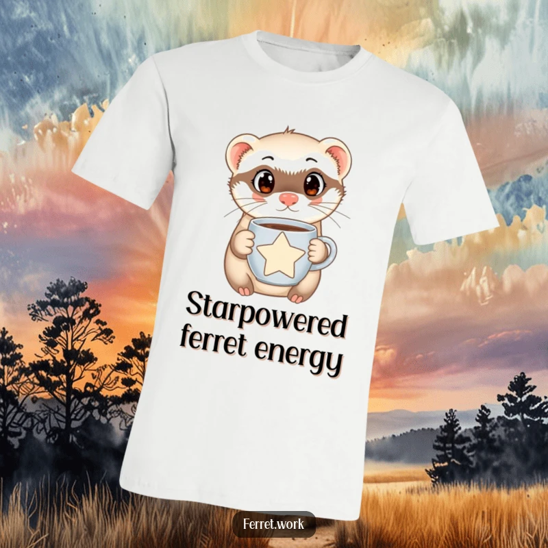 Funny Ferret T-Shirt with a curious, wide-eyed ferret clutching a steaming star-shaped coffee mug, showcasing a love for caffeine and cuteness.