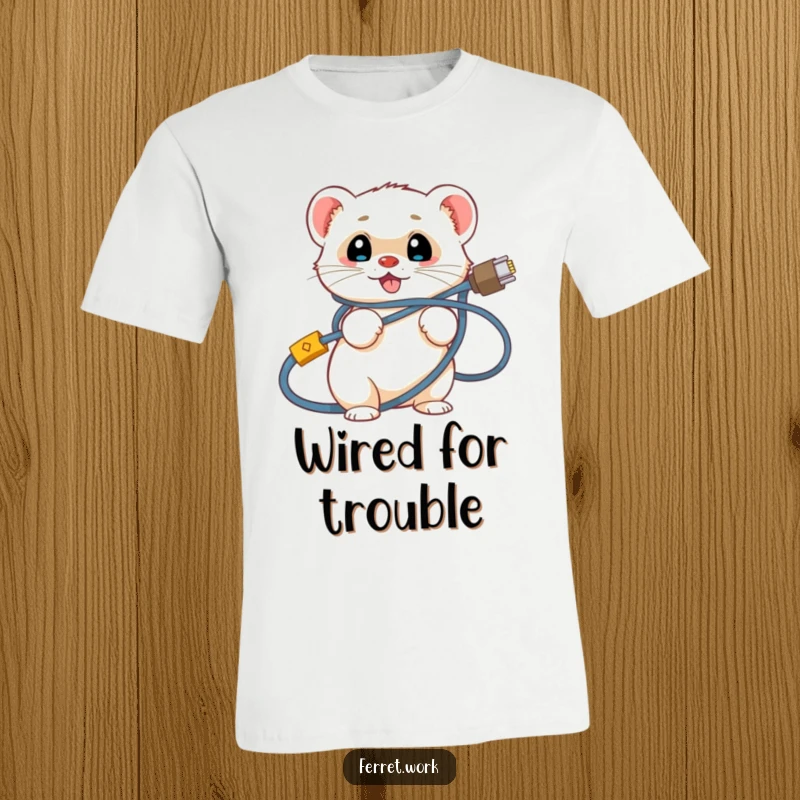 Funny ferret t-shirt depicting a smiling ferret hilariously tangled in a wild mess of computer network cables. Tech humor.