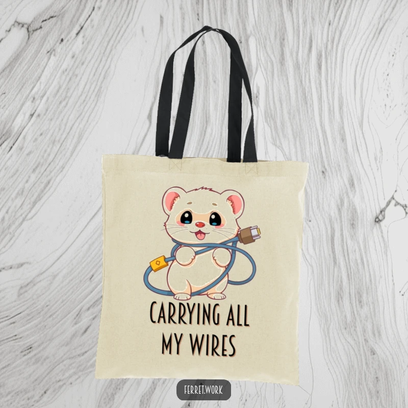 Funny ferret tote bag showing a smiling ferret comically entangled in a jumble of network cables. Humorous accessory.