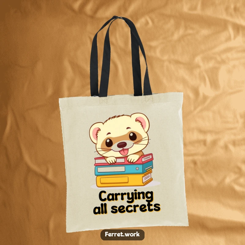 Funny ferret tote bag: a mischievous ferret grins from behind a stack of office files, ideal for carrying work essentials.