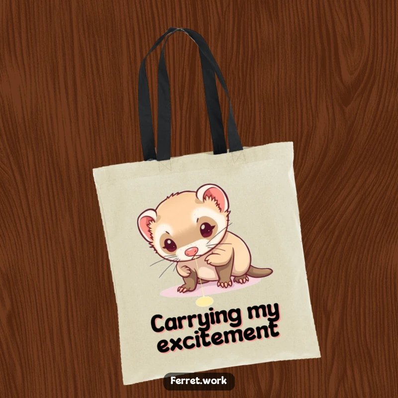 Funny tote bag with a ferret intensely focused on chasing a red laser pointer dot, embodying determination.