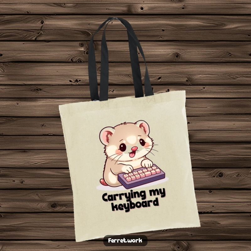 Funny Tote Bag showcasing a kawaii ferret enthusiastically typing on a tiny keyboard with its paws, perfect for busy shoppers.