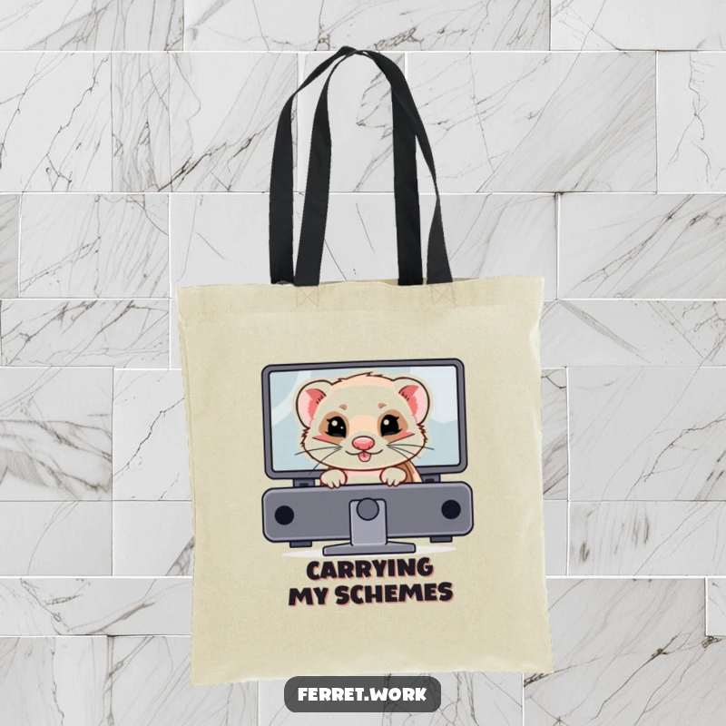 Funny ferret tote bag showing a mischievous ferret hiding behind a computer monitor. Great for secrets.