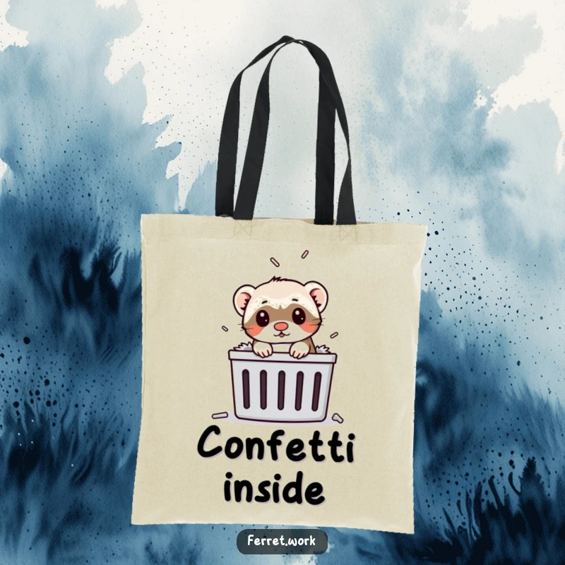 Funny ferret popping its head out of a paper shredder on a tote bag, ideal for carrying essentials.